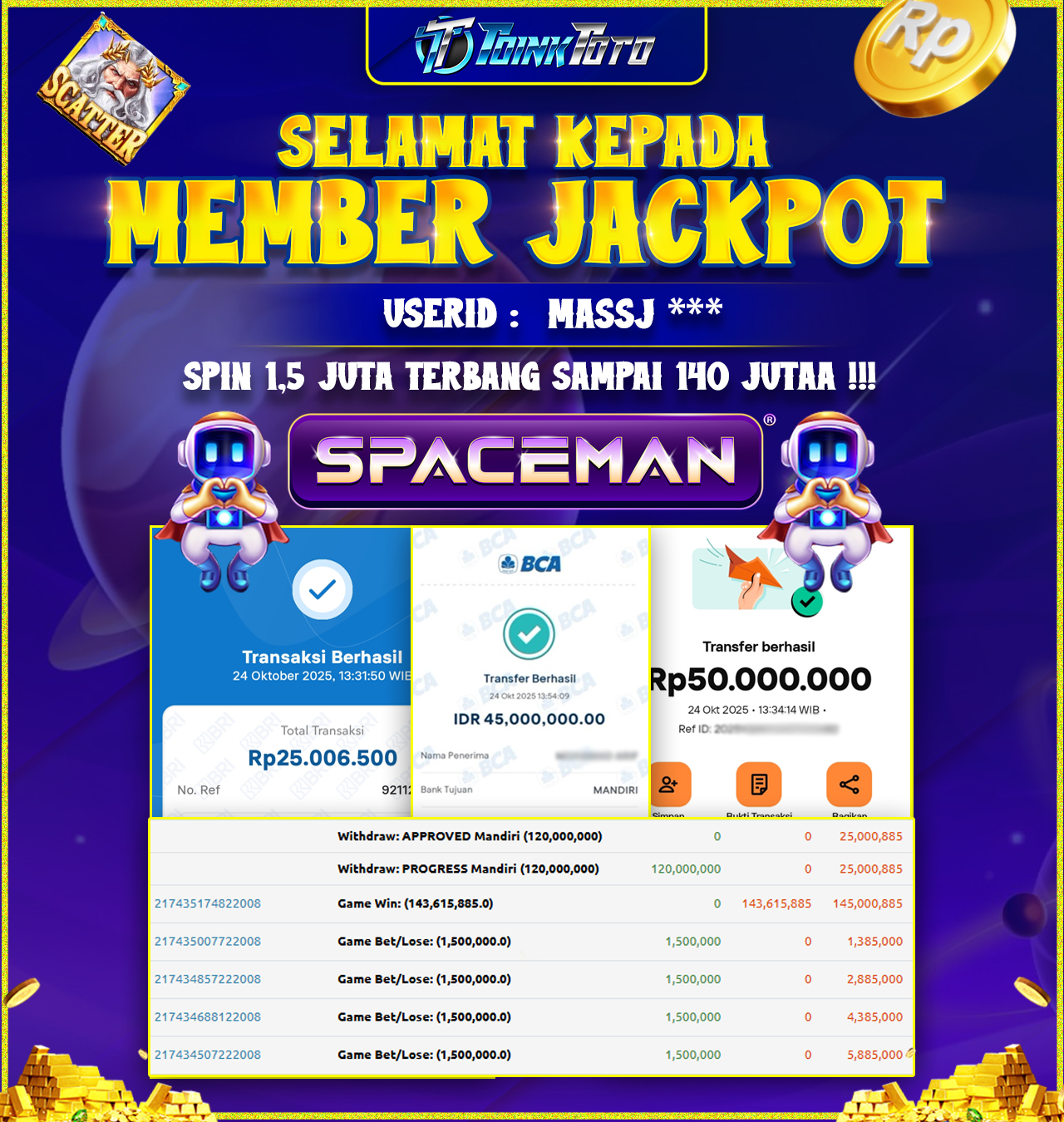 TOINKTOTO JACKPOT GAME CASINO SPACEMAN Rp.120.000.000.,- LUNAS